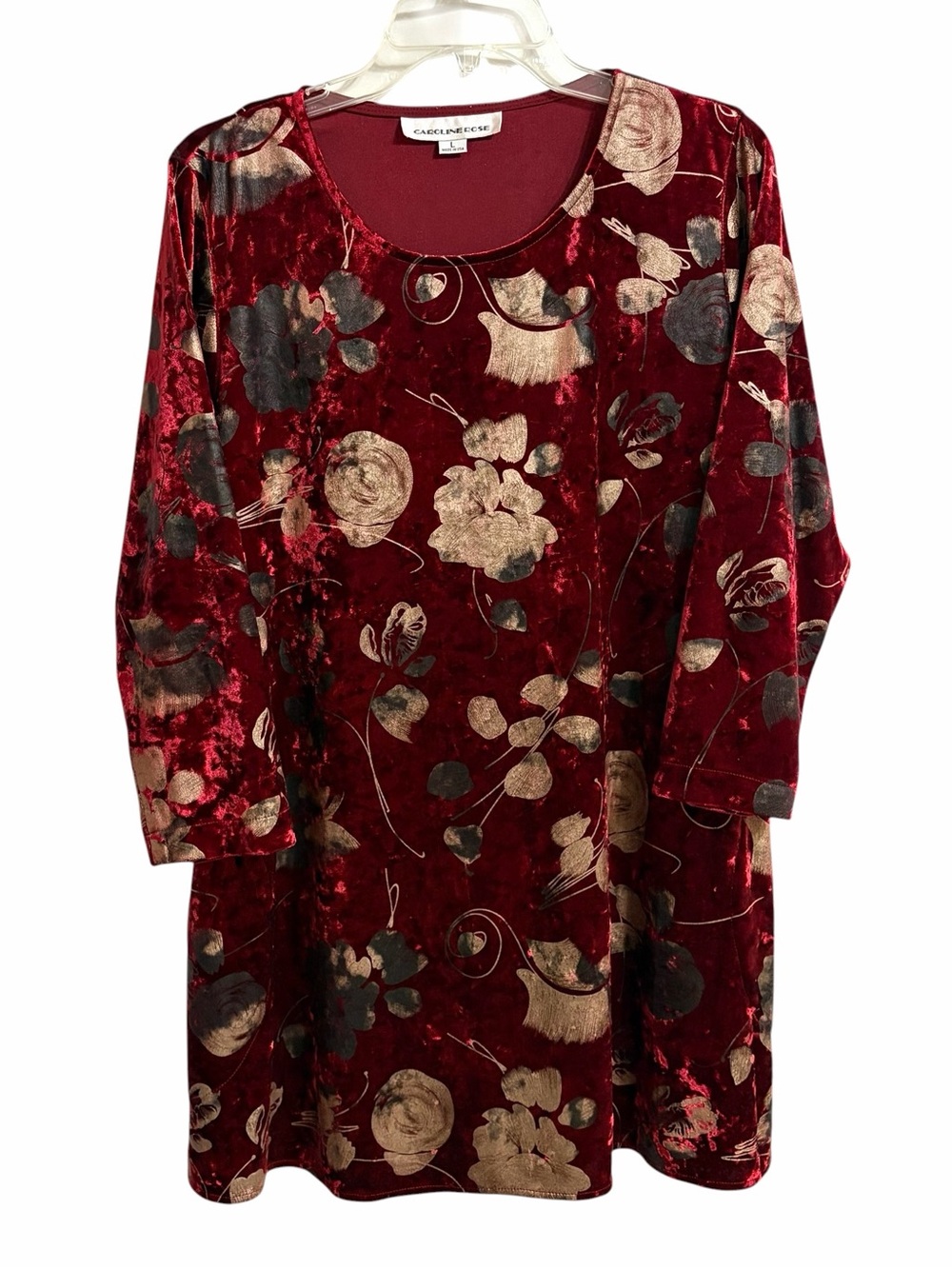 Caroline Rose Crushed Velvet Floral Swing Tunic Top Womens L Burgundy Shimmer